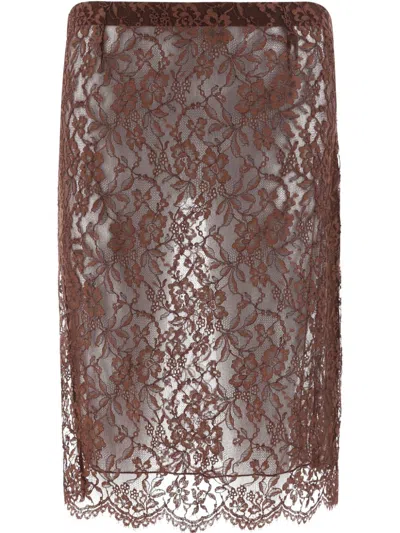 Saint Laurent Floral Lace Pencil Skirt In Brown
