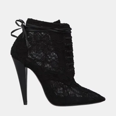 Pre-owned Saint Laurent Lace Pointed Toe Ankle Booties Size 39 In Black