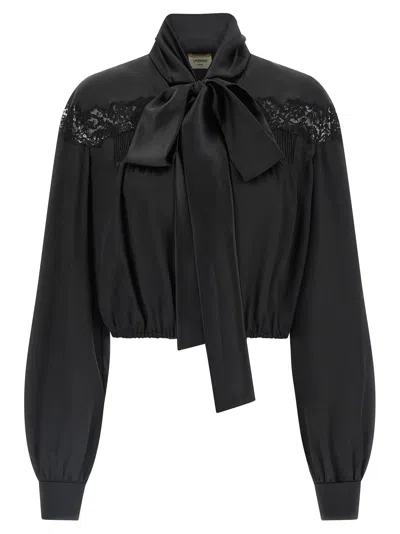 Saint Laurent Silk Shirt Lace Trim Bow Long Sleeves In Black