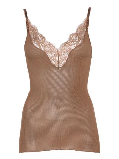 Saint Laurent Lace Silk Top In Brown