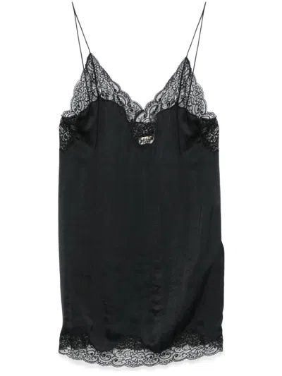 Saint Laurent Lace-trimmed Satin Slip Dress In Black