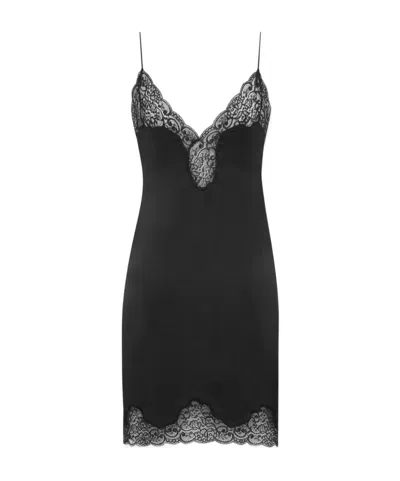 Saint Laurent Lace-trimmed Satin Slip Dress In Black