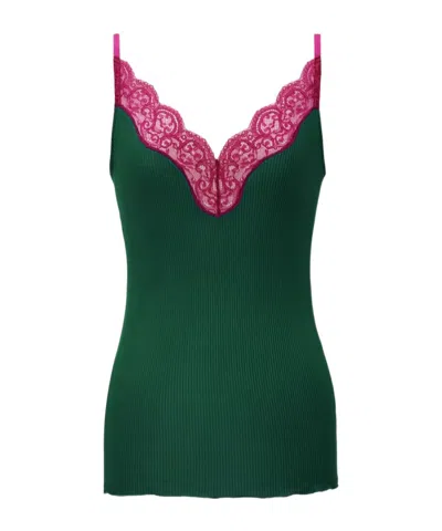 Saint Laurent Lace Tank Top In Ribbed Silk Jersey In Green
