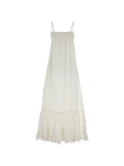 Saint Laurent Long Dress Lace Trim Smocked Spaghetti Straps In White