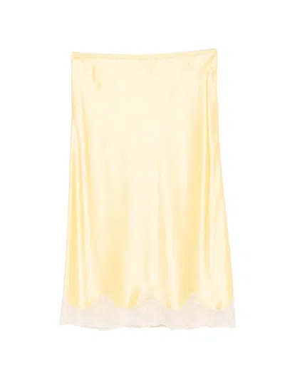 Saint Laurent Silk Midi Skirt Lace Trim Satin In Yellow