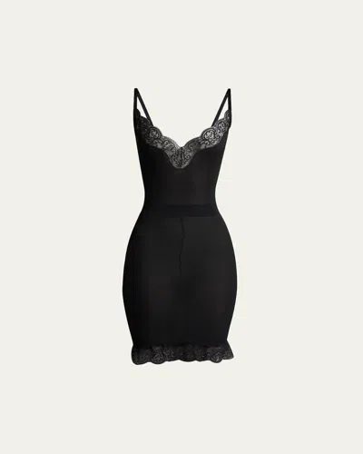 SAINT LAURENT LACE-TRIM RIBBED MINI TANK DRESS