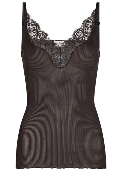 Saint Laurent Lace-trim Ribbed Silk Tank Top In Gray