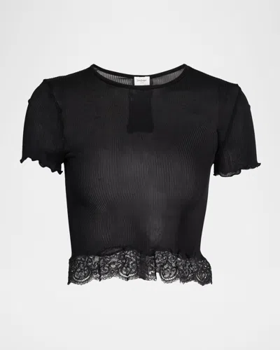 Saint Laurent Lace-trim Short-sleeve Crop T-shirt In Blue