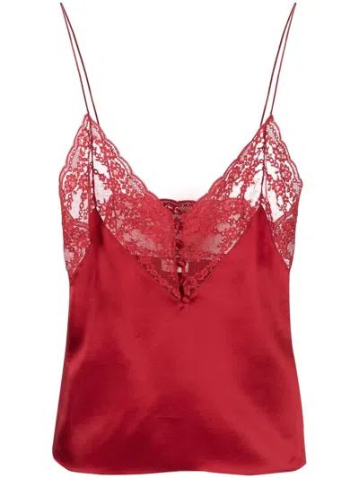 Saint Laurent Lace Trim Silk Cami In Red