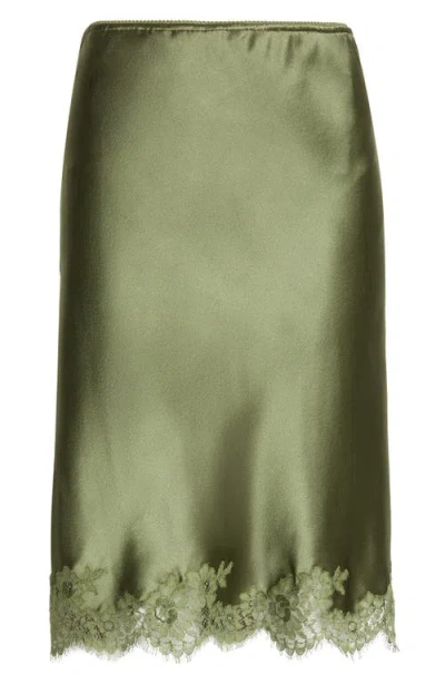 Saint Laurent Lace Trim Silk Satin Skirt In Green