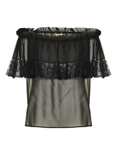 Saint Laurent Lace-trimmed Ruffled Top In Black