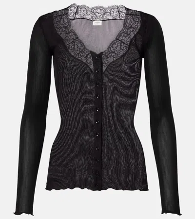 Saint Laurent Lace-trimmed Semi-sheer Silk Top In Black