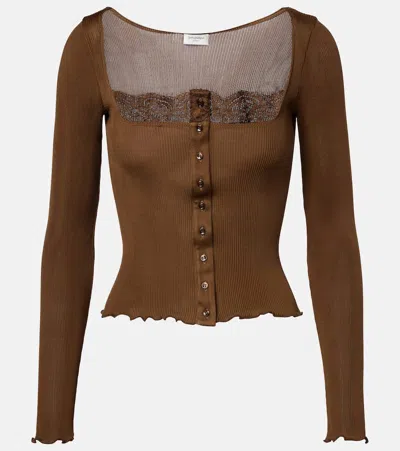 Saint Laurent Lace-trimmed Silk Jersey Henley Shirt In Brown