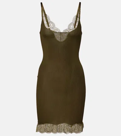Saint Laurent Lace-trimmed Silk Jersey Slip Dress In Brown