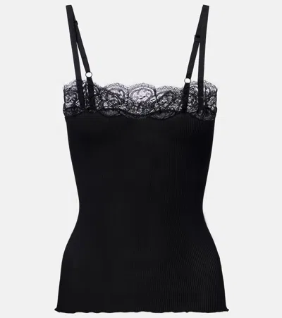 Saint Laurent Lace-trimmed Silk Jersey Tank Top In Black