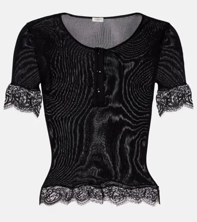 Saint Laurent Lace-trimmed Silk Jersey Top In Black
