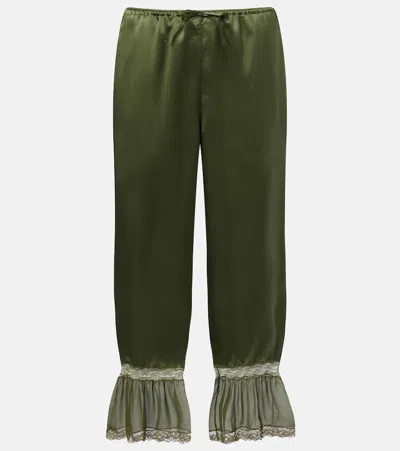 Saint Laurent Lace-trimmed Silk Satin Straight Pants In Green