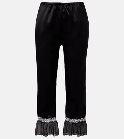 Saint Laurent Lace-trimmed Silk Satin Wide-leg Pants In Black