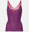 Saint Laurent Lace Tank Top In Ribbed Silk Jersey In Purple