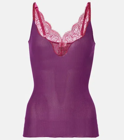 Saint Laurent Lace-trimmed Ribbed Silk Tank In Purple