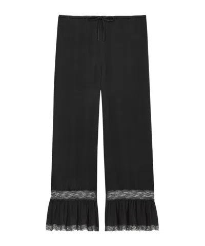 Saint Laurent Lace-trim Silk Straight-leg Trousers In Black