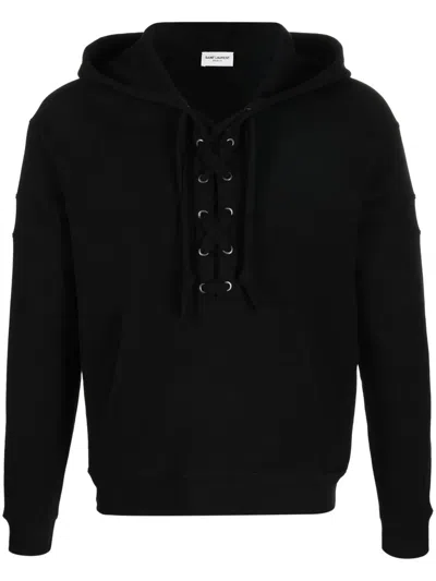 Saint Laurent Front Lace-up Fastening Hoodie In Black