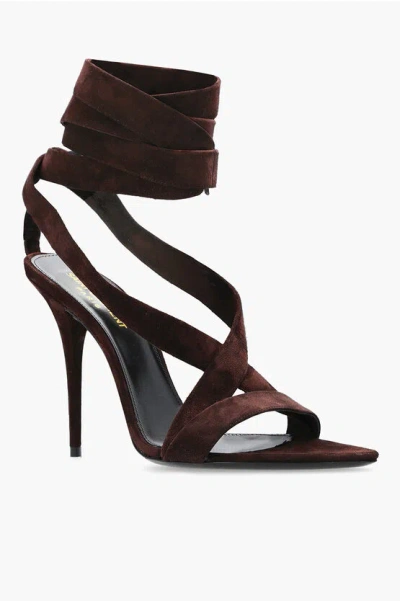 Saint Laurent Lace-up Suede Leather Sandals Heel 11 Cm In Red Clay