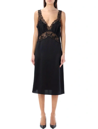 Saint Laurent Slip V-neck Lace Dress In Black