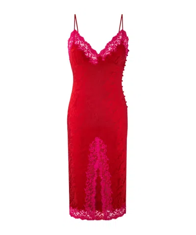 Saint Laurent Laced Midi Dress In Silk Jacquard In Red
