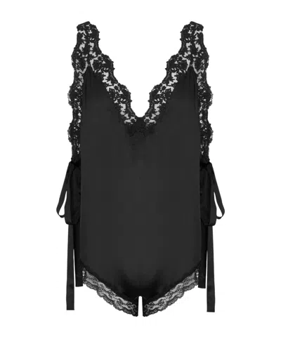 Saint Laurent Laced Romper In Silk Crepe Muslin In Black