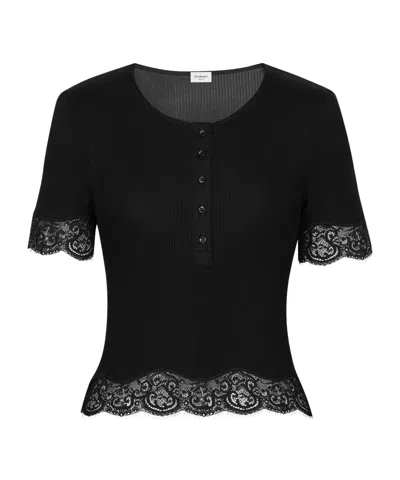 Saint Laurent Laced T-shirt In Ribbed Silk Jersey In Black