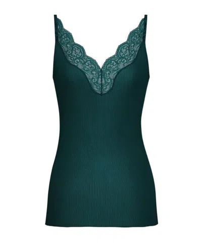 Saint Laurent Laced Tank Top In Ribbed Silk In Green