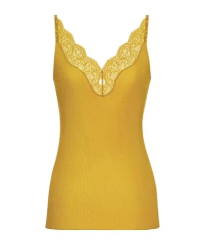 Saint Laurent Laced Tank Top In Ribbed Silk In Yellow