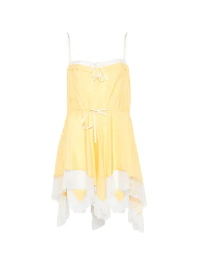Saint Laurent Lace Mini Dress Asymmetrical Hem Bow Straps In Yellow