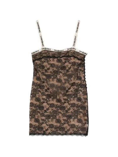 Saint Laurent Lace-overlay Logo-strap Mini Dress In Brown