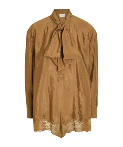 Saint Laurent Lace-trim Brushed Satin Playsuit In Brown