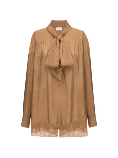 Saint Laurent Lace-trim Pussy-bow Playsuit In Brown