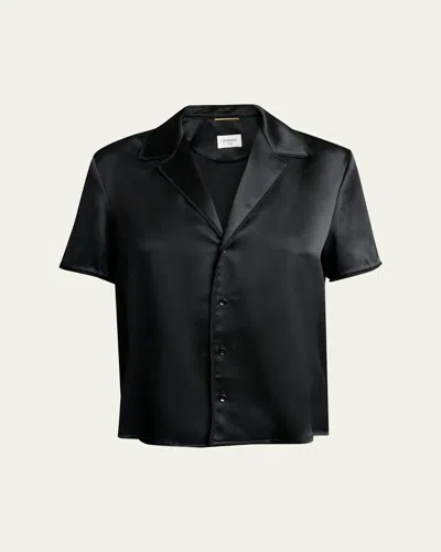 Saint Laurent Lace-trim Short-sleeve Silk Pajama Shirt In Black