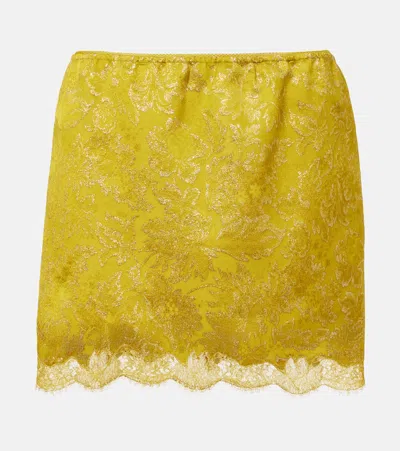 Saint Laurent Lace-trimmed Jacquard Lamé Miniskirt In Yellow