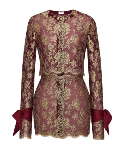 Saint Laurent Lace-trimmed Mini Dress With Bow Details And Cuffs In Brown