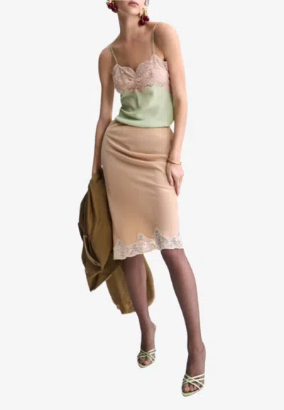Saint Laurent Satin Midi Skirt With Lace Inserts In Brown