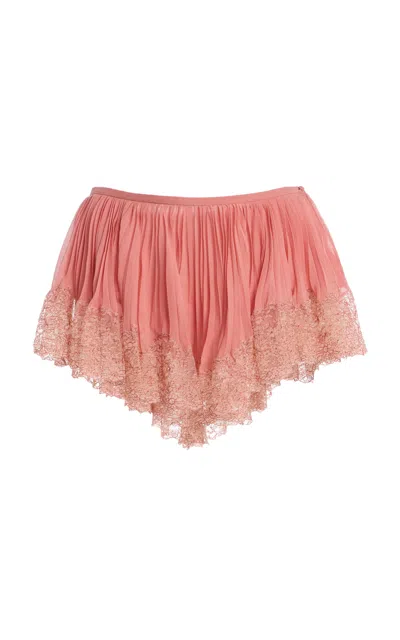 Saint Laurent Lace-trimmed Plisse Silk Shorts In Pink