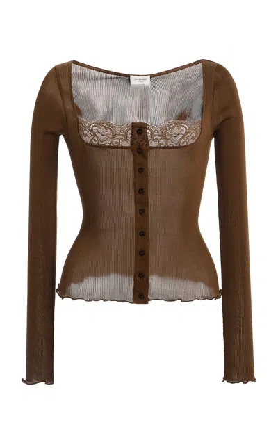 Saint Laurent Lace-trimmed Ribbed Silk Jersey Top In Brown