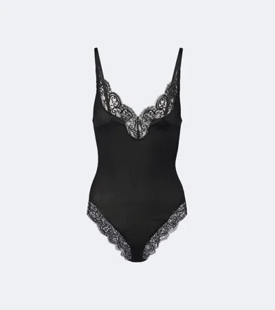 Saint Laurent Lace-trimmed Ribbed-knit Silk Bodysuit In Black