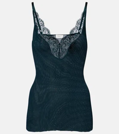 Saint Laurent Lace-trimmed Ribbed-knit Silk Tank Top In Blue