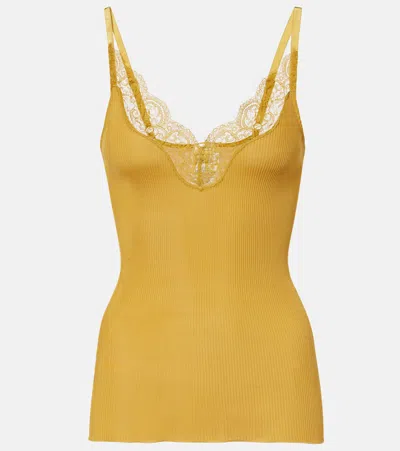 Saint Laurent Lace-trimmed Ribbed-knit Silk Tank Top In Orange