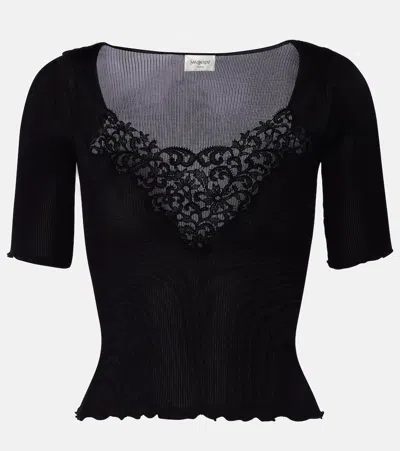 Saint Laurent Lace-trimmed Ribbed-knit Silk Top In Black