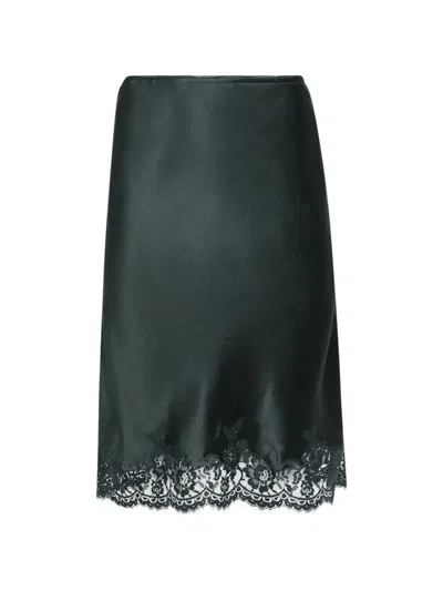 Saint Laurent Lace-trimmed Satin-finish Straight Midi Skirt In Green