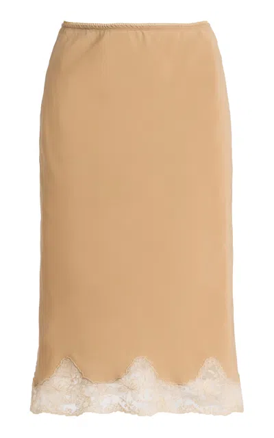 Saint Laurent Lace-trimmed Silk Midi Slip Skirt In Brown