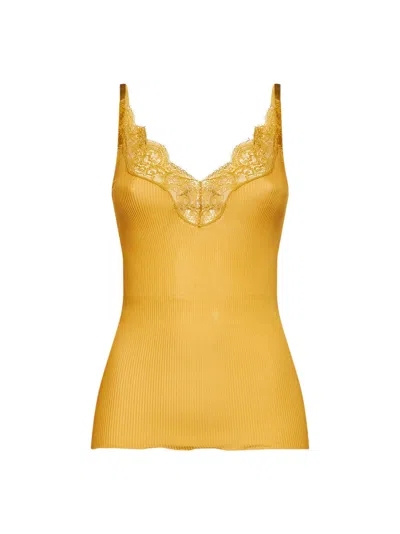 Saint Laurent Lace-trimmed Silk-jersey Tank Top In Yellow